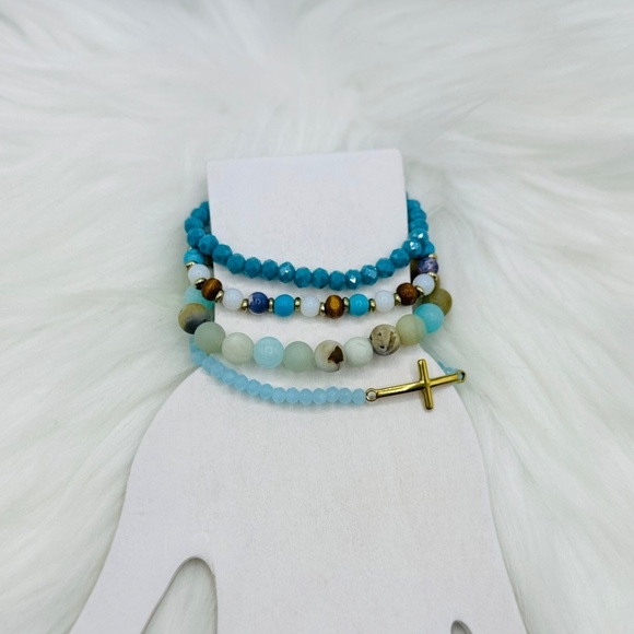 Stainless Steel Cross beaded Arm Candy  Bracelet -  Blue theme - Picture 6 of 7